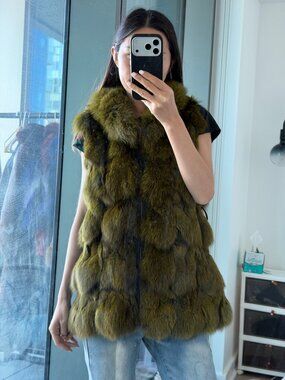 Olive Green Fur Long Vest Size S